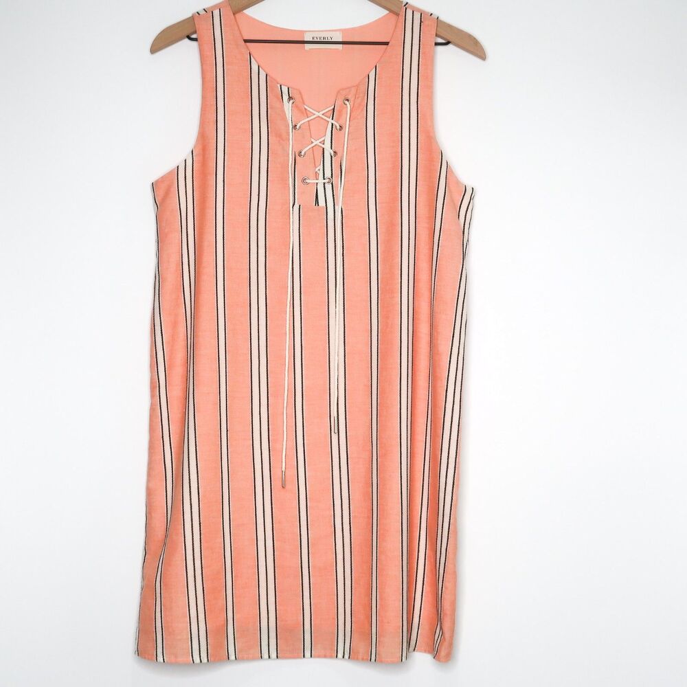 Everly Womens Shift Dress‎ Medium Peach Black Stripe Vacation Resort Nautical